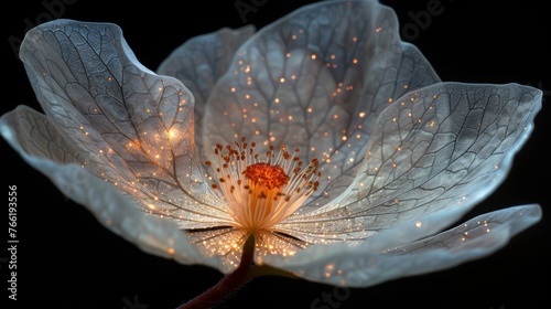  a close up of a white flower with lots of lights in the middle of the middle of the center of the flower.