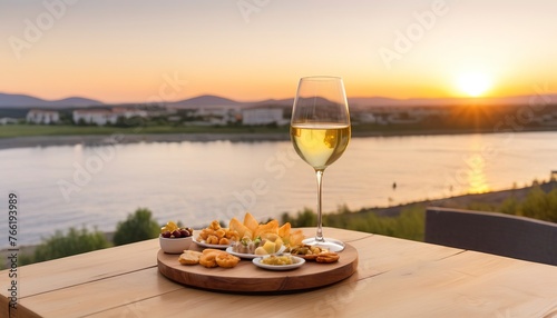 glass of white wine with gourmet food tapa snacks in outdoors bar at sunset