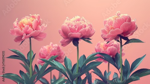  a group of pink peonies with green leaves on a pink background with a pink sky in the background.