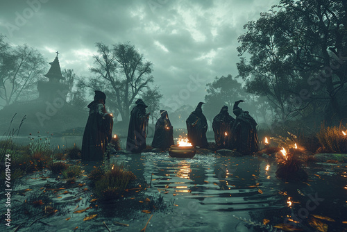 A coven of witches gather around a bubbling cauldron. Happy Halloween! photo