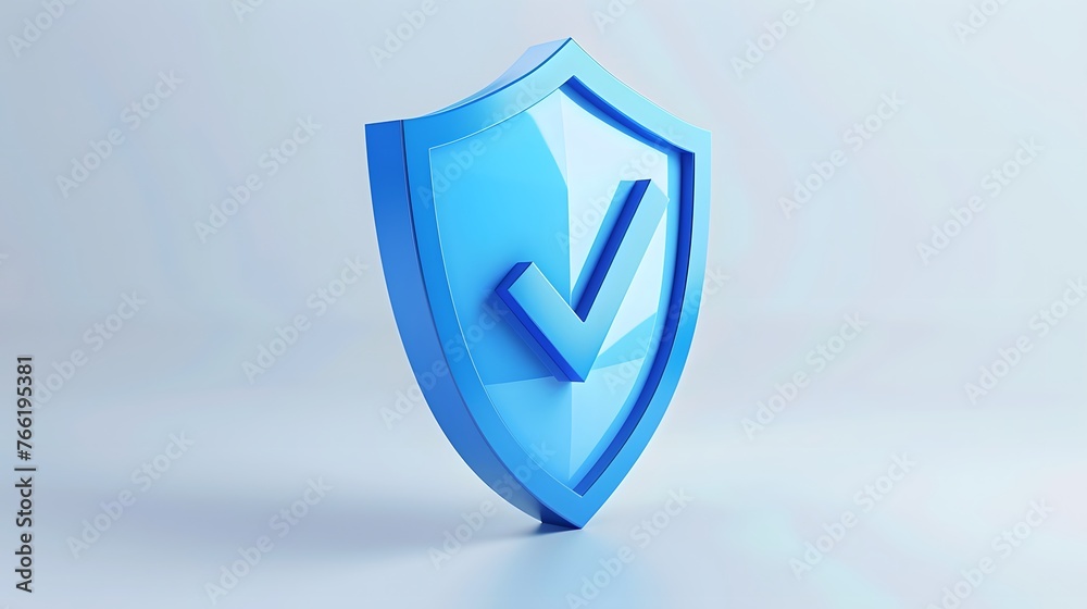 cartoon 3d Icon safety shield check mark perspective . Blue symbol security safety icon. Checkmark in minimalistic style. 3d vector illustration. white background