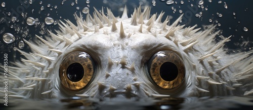 A detailed shot of a pufferfishs eye underwater, showcasing its unique features like its iris, eyelash, and head structure