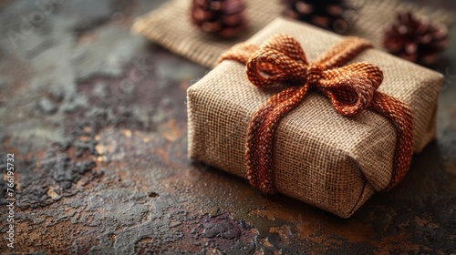  a gift wrapped in burlap and tied with a brown ribbon with pine cones on the side of it.