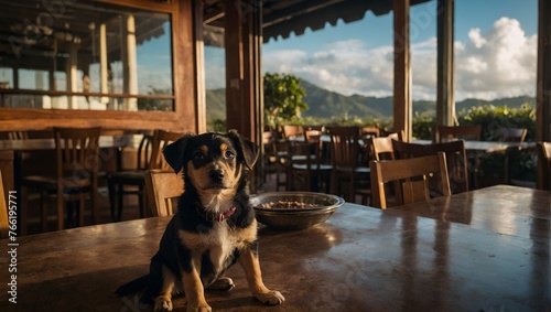 Cachorro em p trabalhando de garom num restaurante. photo