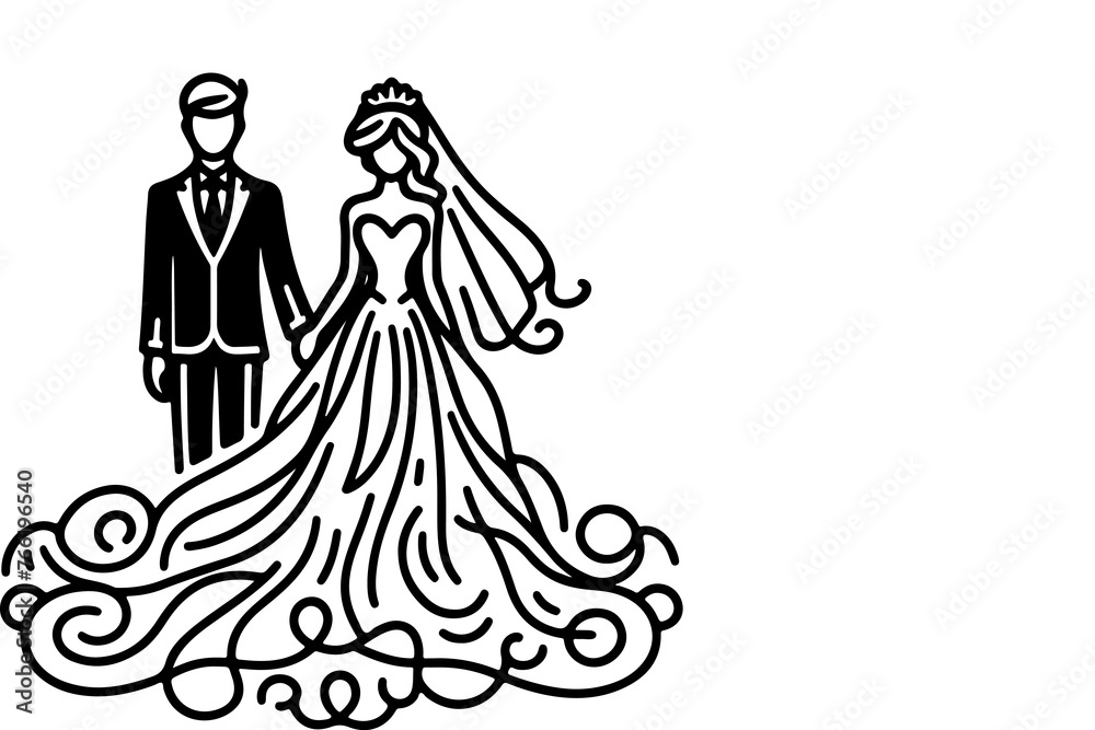 One continuous single drawing black line art doodle wedding couple bride and groom outlne vector illustration on white background