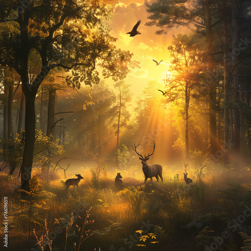 Sunset in the forest with animals    © YANKOVICH