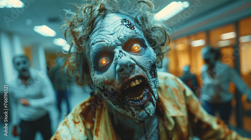 A man wearing a zombie costume scares his co-workers at the office party.