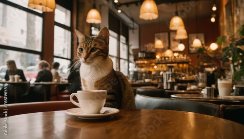 An attentive cat sits with a coffee cup at a table in a bustling coffee shop, exuding a calm yet curious vibe.