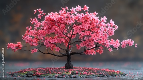  a pink tree with lots of pink flowers on top of a small island in the middle of a body of water.