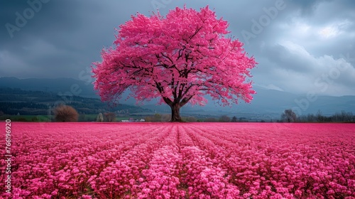  a pink tree in the middle of a field of pink flowers with a dark cloudy sky in the back ground.