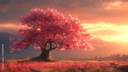  a pink tree in the middle of a field with a sunset in the background and clouds in the foreground.