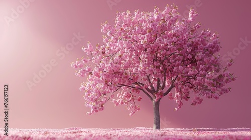  a pink tree in the middle of a field of pink flowers on a pink background with a pink sky in the background.