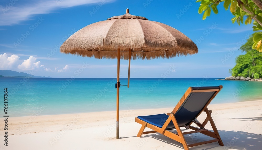 Outdoor with umbrella and chair on beautiful tropical beach and sea and blue sky background