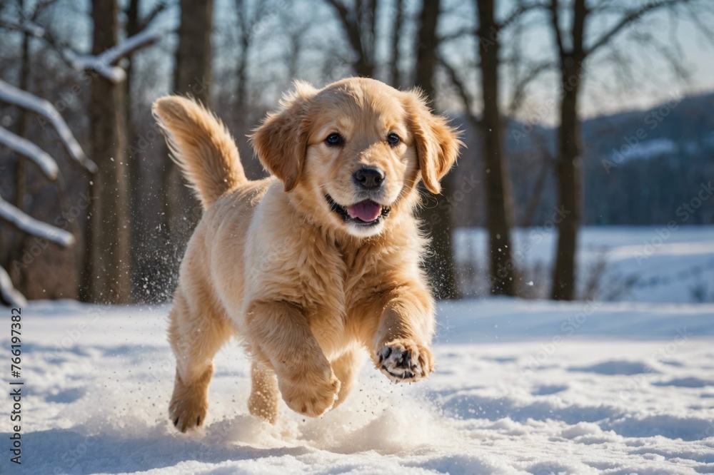 Golden Retriever Puppy jumping in the snow