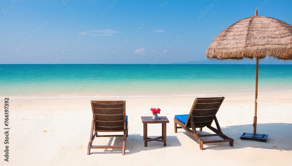 Outdoor with umbrella and chair on beautiful tropical beach and sea and blue sky background