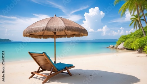 Outdoor with umbrella and chair on beautiful tropical beach and sea and blue sky background