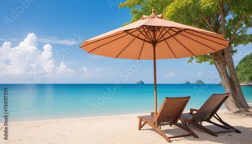 Outdoor with umbrella and chair on beautiful tropical beach and sea and blue sky background © Sergiu