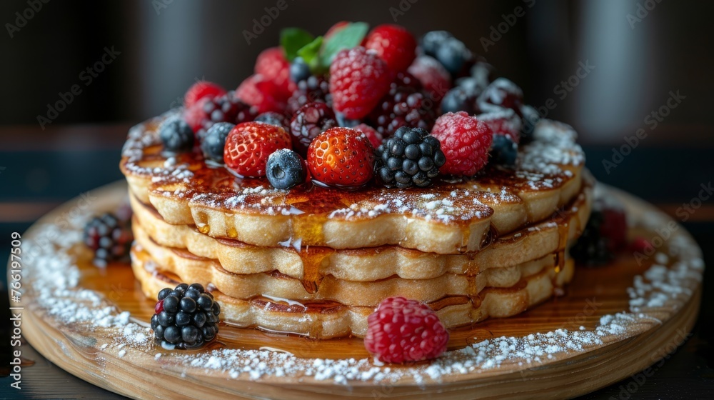  a stack of pancakes covered in powdered sugar with berries and raspberries on top of each of the pancakes.