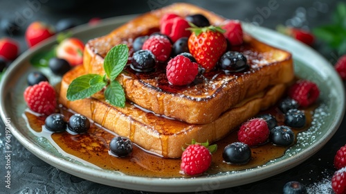  a white plate topped with french toast covered in berries and powdered sugar and topped with blueberries and raspberries.