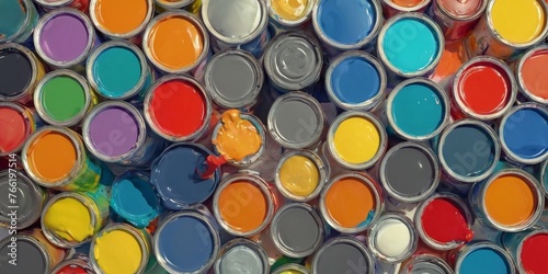 Cans of paint in a row. Top view. Abstract background.