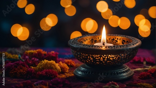 Oil lamp decoration in happy Diwali festival.