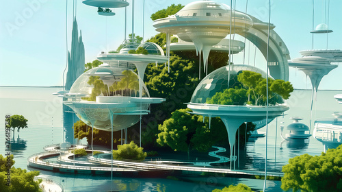Sustainable Futuristic Seashore City Architecture. Biotech Green Design. New Energy Sources, Smart Technology. Addressing Ecology, Climate Change, Overpopulation, Ocean Rise. Extending Dry Land. 