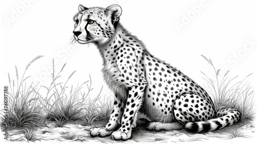  a black and white drawing of a cheetah sitting on the ground with its head turned to the side.