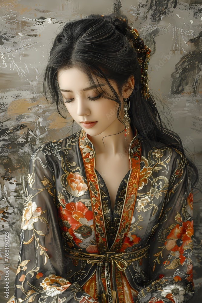 Asian Chinese model in tradition clothes in painting , For wall art, digital art, home decor , background and wallpaper Asian Chinese model in tradition clothes in painting , For wall art, digital art, home decor , background and wallpaper