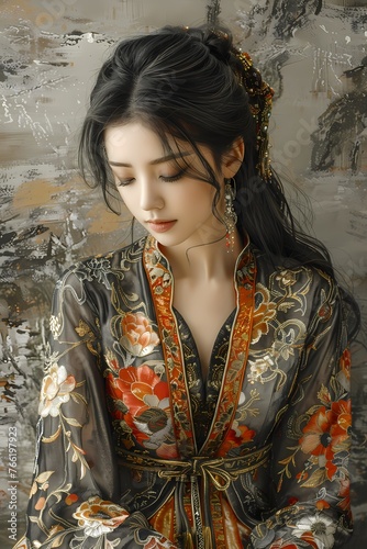 Asian Chinese model in tradition clothes in painting , For wall art, digital art, home decor , background and wallpaper