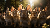 group of rabbits are standing in the woods and looking to the camera
