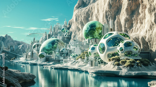 Sustainable Futuristic Mountain City Architecture. Biotech Green Design. New Energy Sources. Addressing Ecology, Climate Change, Overpopulation. © Mariko