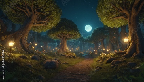 A magical moonlit pathway leads through an enchanted forest with lanterns illuminating the night  invoking a mythical ambiance.