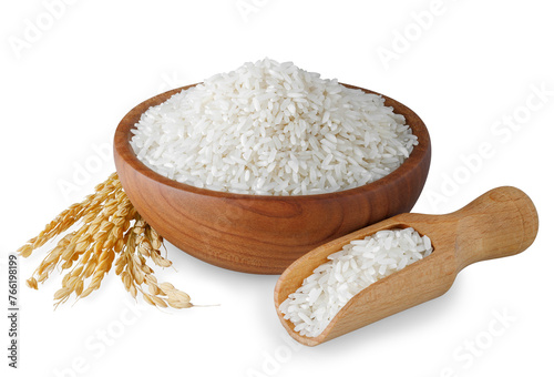rice in wooden bowl and scoop with ears isolated on white