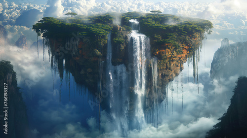 A gigantic waterfall cascading down from a floating island above, with a scientist studying its flora and fauna, emphasizing the mystery of undiscovered ecosystems © mikhailberkut