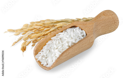 rice in scoop with ears isolated on white background