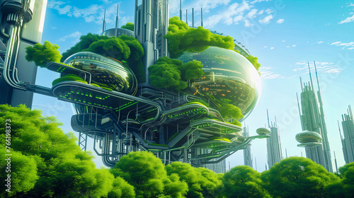 Sustainable Futuristic City Architecture, Innovative Oxygen Farm. Biotech Green Design. New Energy Sources. Addressing Ecology, Climate Change, Overpopulation. Levitating Mobile Factory, AI Solution © Mariko