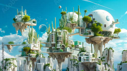 Sustainable Futuristic Flying City in the Sky. Biotech Green Design. New Energy Sources. Addressing Ecology, Climate Change, Overpopulation. Artificial Islands, Levitating Architecture, Smart Living.  photo