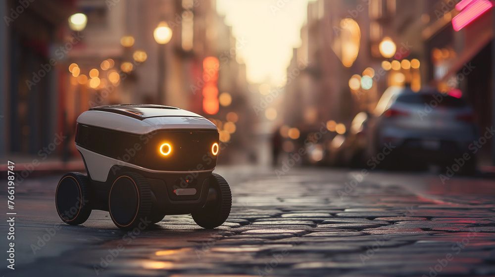 Autonomous food delivery robot on a blurred city street background ...