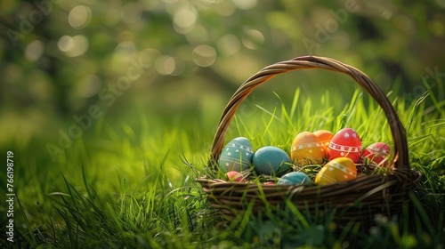 Basket with easter eggs on green grass