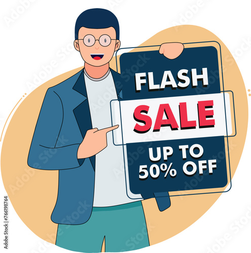 flat design people holding and pointing big discount flash sale advertisement marketing design