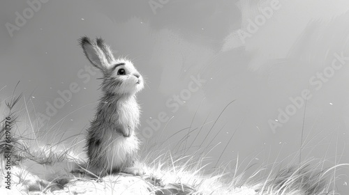  a black and white photo of a rabbit sitting in the middle of a field with grass in the foreground.