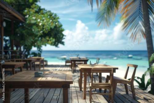 A caf   or restaurant located by the beach  offering a beautiful view.