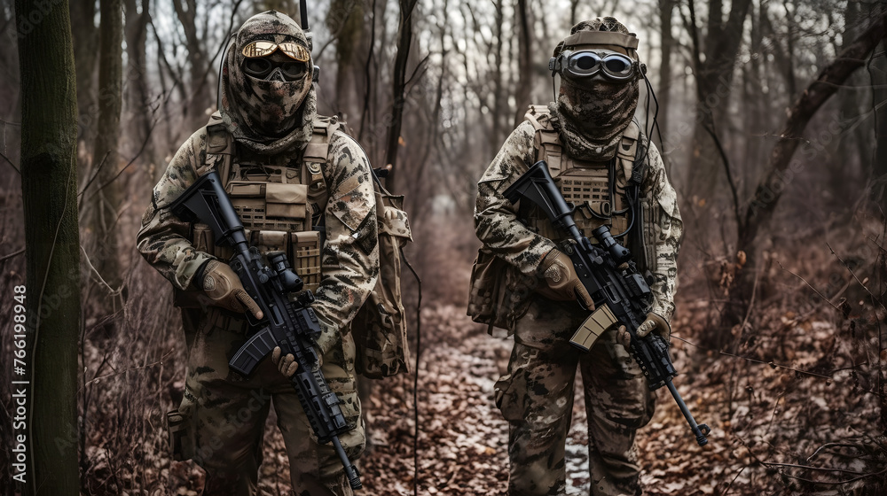 military gun fighters standing in woodland hunting with weapons military gun fighters standing in woodland hunting with weapons