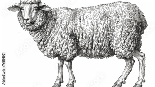  a black and white drawing of a sheep looking at the camera with a sad look on it's face.