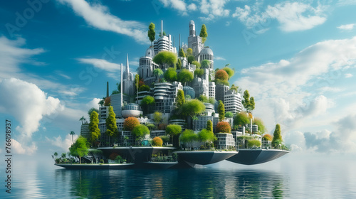 Sustainable Futuristic City Architecture, Artificial Floating Island in the Sea. Modern Luxury, Biotech Green Design. New Energy Sources. Addressing Ecology, Climate Change, Overpopulation, Ocean Rise photo
