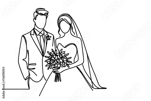 One continuous single drawing black line art doodle wedding couple bride and groom outlne vector illustration on white background