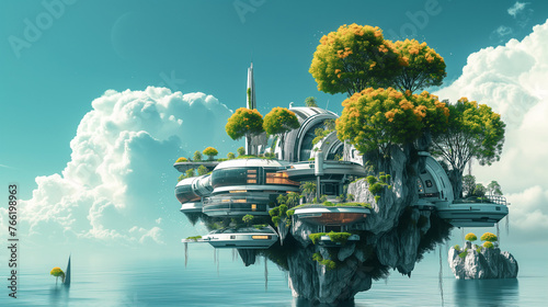 Sustainable Futuristic City Architecture, Artificial Floating Island in the Sea. Modern Luxury, Biotech Green Design. New Energy Sources. Addressing Ecology, Climate Change, Overpopulation, Ocean Rise photo