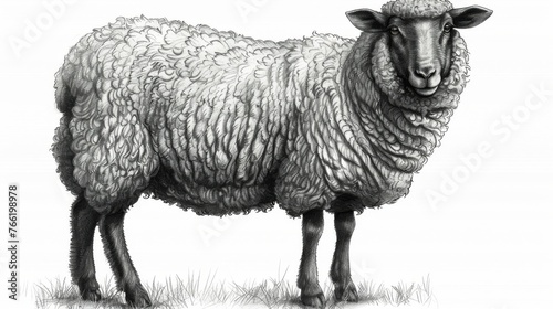 a black and white drawing of a sheep standing in a grass field with it's head turned to the side.