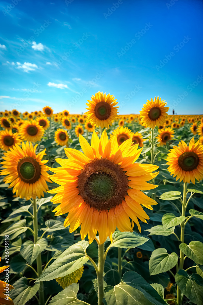 Vibrant sunflower field at sunrise. Perfect for nature themes, background visuals, wellness blogs, or agricultural marketing.