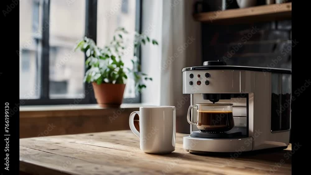 a coffee machine in a cozy kitchen pours coffee into a white mug against the background of a window and plants. The concept of good morning, breakfast, cheerfulness a coffee machine in a cozy kitchen pours coffee into a white mug against the background of a window and plants. The concept of good morning, breakfast, cheerfulness
